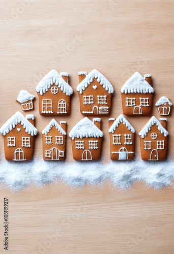 Mehrere kleine Lebkuchenhäuser mit weißer Zuckerglasur bilden eine winterliche Dorfszene auf einem Holzuntergrund, leicht mit Puderzucker bestäubt. Generative KI. photo