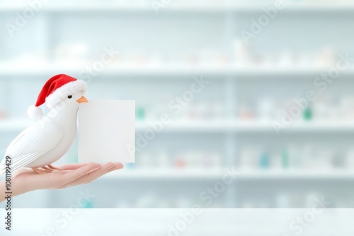 White dove in a Santa hat perched on a hand, holding a blank card. Soft blurred background, perfect for holiday or Christmas themes. photo