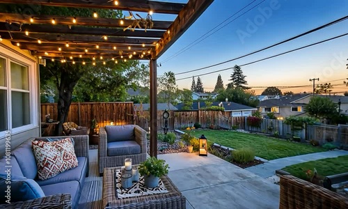 Cozy backyard patio with a pergola, string lights, and a view of a serene, tree-lined street