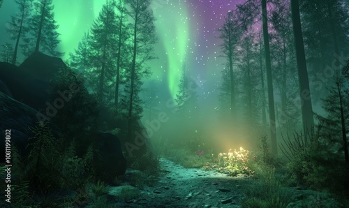 Magical Forest Bathed in the Ethereal Glow of the Northern Lights