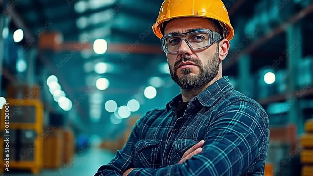 Confident industrial worker in hard hat and safety glasses in warehouse. concept of strength and professionalism in manufacturing. Confident industrial worker in hard hat and safety glasses in warehouse. concept of strength and professionalism in manufacturing.