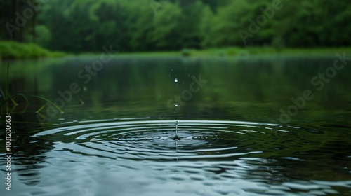 Close-up of a water drop falling into a still lake, creating a perfect circle of ripples.