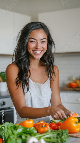 Smiling woman chopping fresh vegetables in modern kitchen for healthy cooking