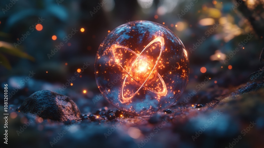 Mystical Energy Orb: A glowing orb of energy pulsates with a fiery core, nestled amidst the verdant foliage and mossy stones of a mystical forest. Mystical Energy Orb: A glowing orb of energy pulsates with a fiery core, nestled amidst the verdant foliage and mossy stones of a mystical forest.