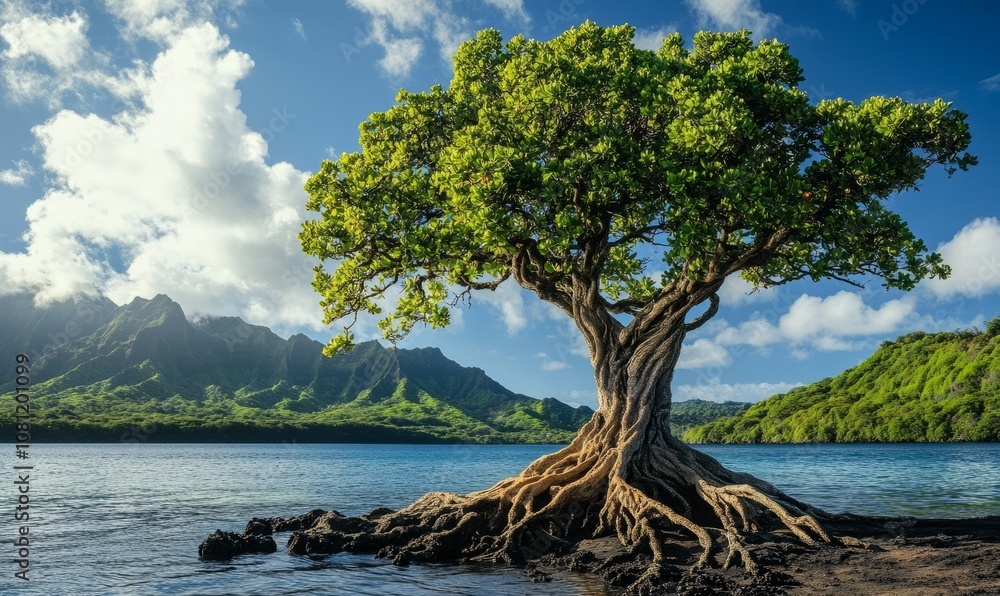 Majestic Ancient Tree Rooted in a Tranquil Island Landscape Exuding Resilience and Spiritual Harmony Majestic Ancient Tree Rooted in a Tranquil Island Landscape Exuding Resilience and Spiritual Harmony