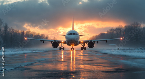 A large airplane is on the runway, with the sun setting in the background. The plane is surrounded by a wet runway, and the sky is filled with clouds. Concept of calm and serenity