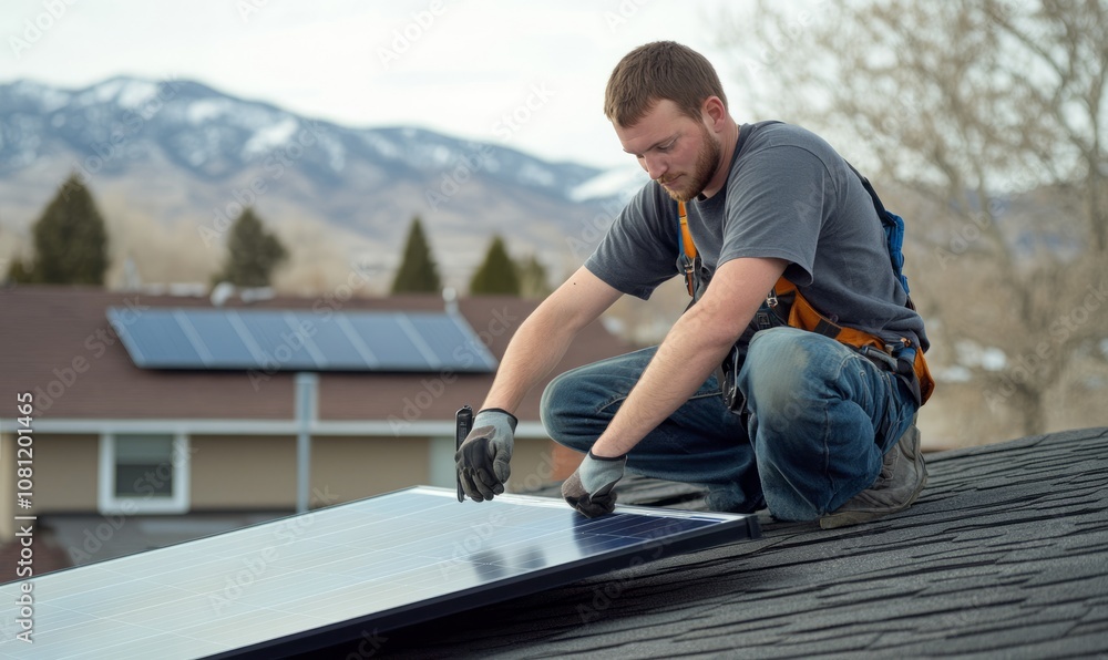 Male engineer installing solar panels on rooftop Male engineer installing solar panels on rooftop