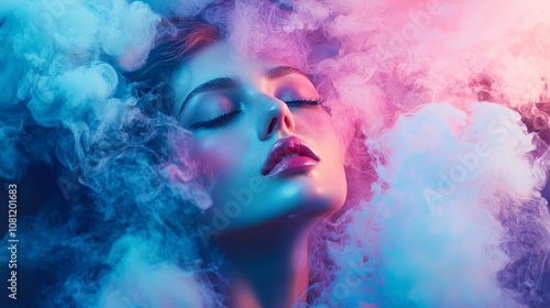 Woman in colorful mist with neon glow