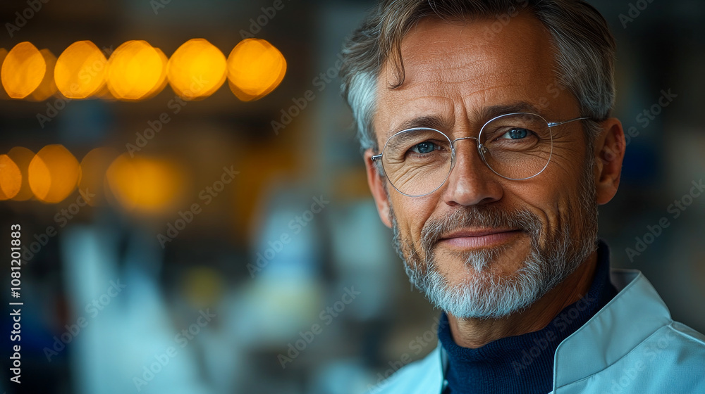A man with glasses is smiling and looking at the camera. He is wearing a white lab coat and a blue sweater A man with glasses is smiling and looking at the camera. He is wearing a white lab coat and a blue sweater