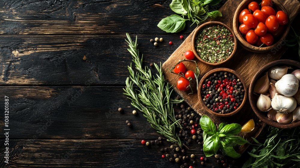 Herbs, spices, and cherry tomatoes on dark rustic table Herbs, spices, and cherry tomatoes on dark rustic table