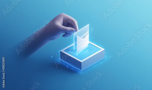 Online voting, Hand with a hologram ballot and a box for Internet voting in a mobile phone on a blue background. photo