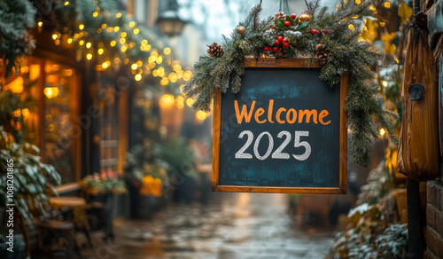 A sign that says "welcome to 2025" is hanging on a building. The sign is decorated with Christmas greenery and is surrounded by a snowy street. Concept of warmth and festivity