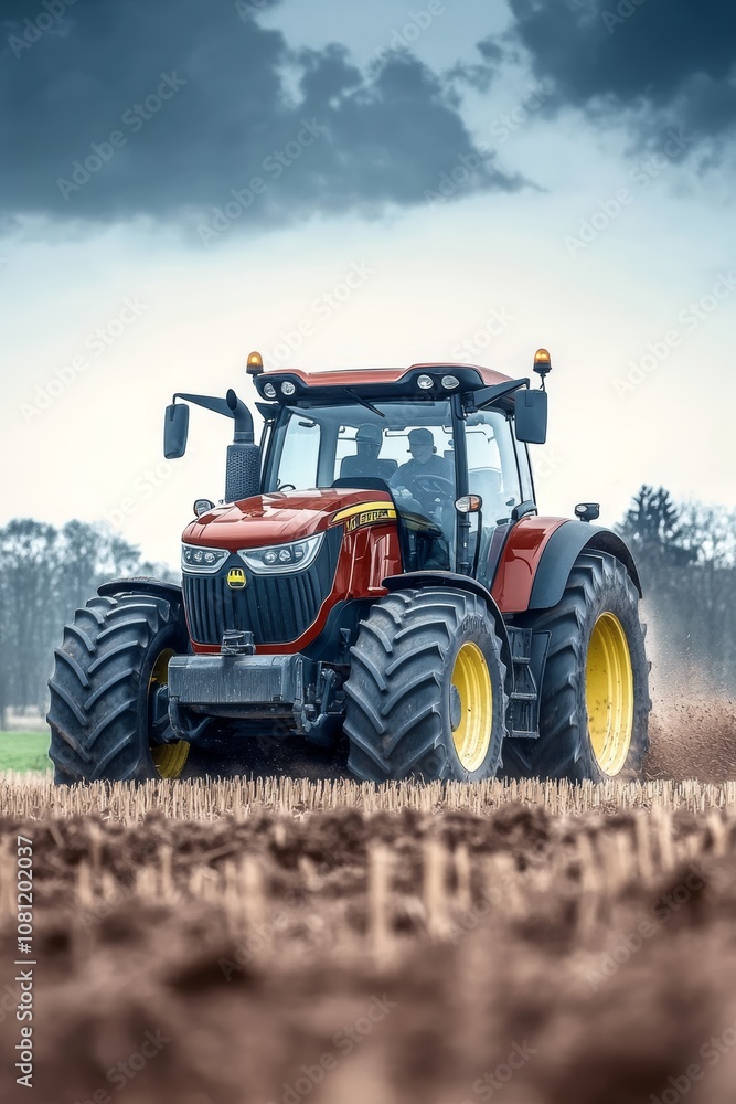 Powerful Red Tractor Plowing Fertile Soil, Agricultural Landscape, Dramatic Cloudy Sky Background Powerful Red Tractor Plowing Fertile Soil, Agricultural Landscape, Dramatic Cloudy Sky Background