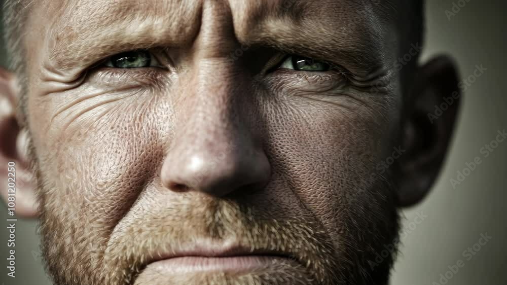 A captivating close-up highlights a man's powerful expression, revealing strength and resilience. Natural light accentuates the textures of his face and beard, drawing viewers in A captivating close-up highlights a man's powerful expression, revealing strength and resilience. Natural light accentuates the textures of his face and beard, drawing viewers in