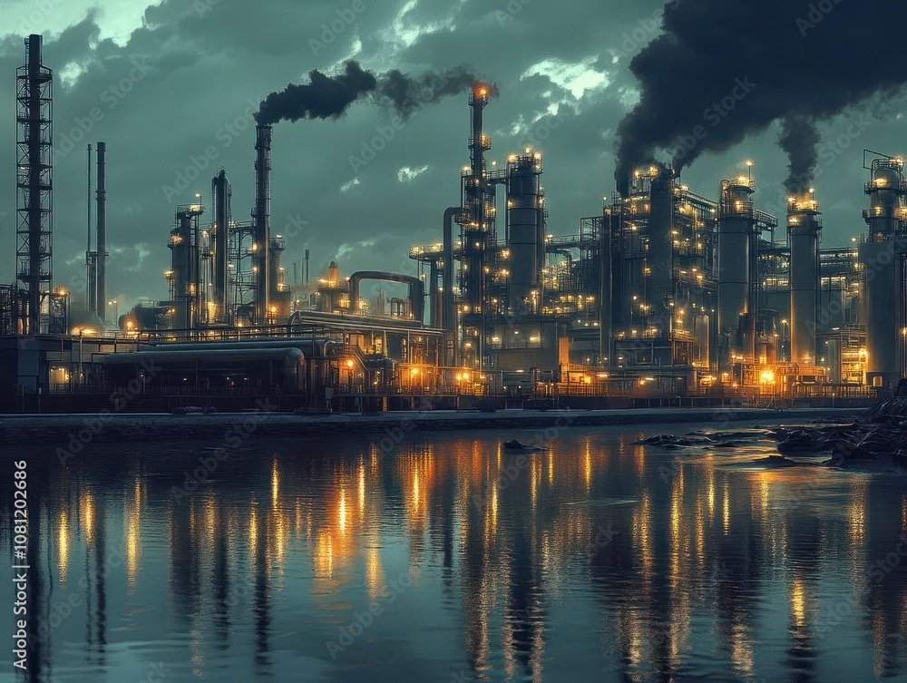 Industriegebiet mit auf dem Wasser reflektierten Nachtlichtern, das eine groÃe Ãlraffinerie und moderne Fabrikgebäude zeigt, Konzept Industrie Industriegebiet mit auf dem Wasser reflektierten Nachtlichtern, das eine groÃe Ãlraffinerie und moderne Fabrikgebäude zeigt, Konzept Industrie