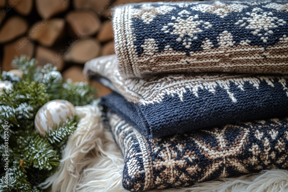 Traditional nordic winter pattern with geometric snowflakes on textile. Traditional nordic winter pattern with geometric snowflakes on textile.