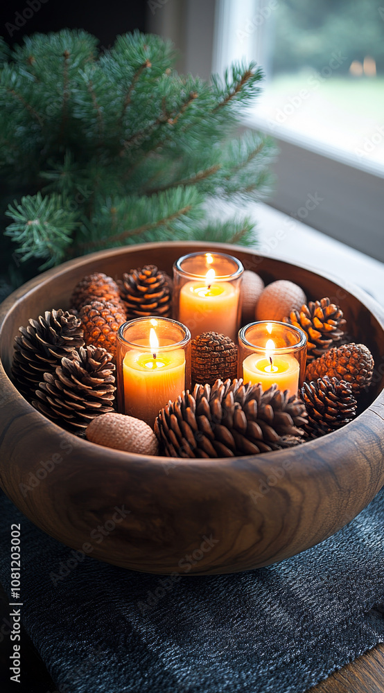 A wooden bowl filled with candles and pine cones. The scene has a warm and cozy atmosphere, perfect for a holiday gathering or a relaxing evening at home A wooden bowl filled with candles and pine cones. The scene has a warm and cozy atmosphere, perfect for a holiday gathering or a relaxing evening at home