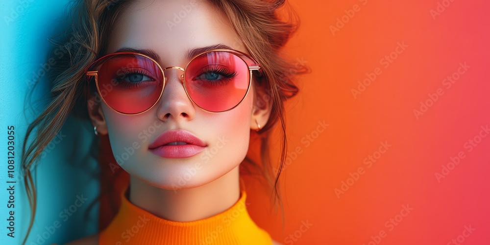 A captivating portrait of a young woman with voluminous hair, wearing trendy pink sunglasses against a vibrant orange and teal backdrop. A captivating portrait of a young woman with voluminous hair, wearing trendy pink sunglasses against a vibrant orange and teal backdrop.