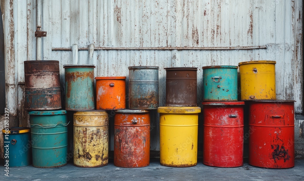 Metal containers in different colours standing in random arrangement Metal containers in different colours standing in random arrangement