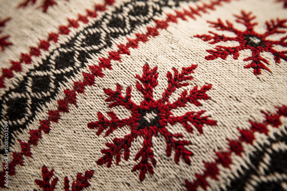 Traditional nordic winter pattern with geometric snowflakes on textile. Traditional nordic winter pattern with geometric snowflakes on textile.