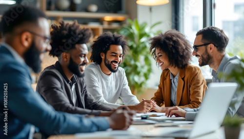 A dynamic scene of workers from diverse ethnic backgrounds collaborating in a modern office environment, promoting teamwork and inclusion