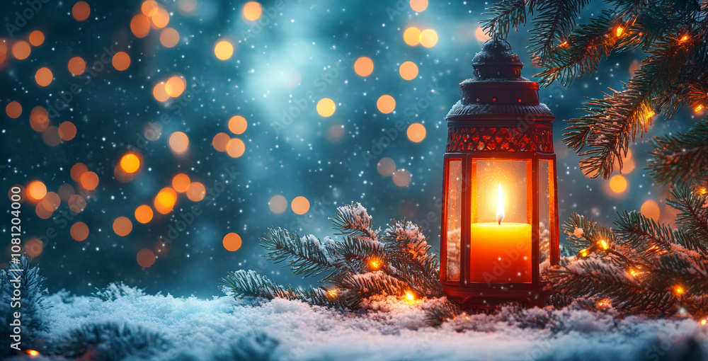 A candle is lit in a lantern on a snowy ground. The lantern is surrounded by pine branches and the snow. The scene is peaceful and serene, with the candlelight creating a warm and inviting atmosphere A candle is lit in a lantern on a snowy ground. The lantern is surrounded by pine branches and the snow. The scene is peaceful and serene, with the candlelight creating a warm and inviting atmosphere