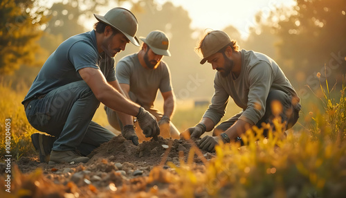 Workers engaging in outdoor tasks like construction or agriculture, surrounded by nature, emphasizing teamwork and hard work