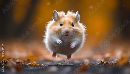 A hamster is jumping in the air. The hamster is small and fluffy. The hamster is in a leaf pile