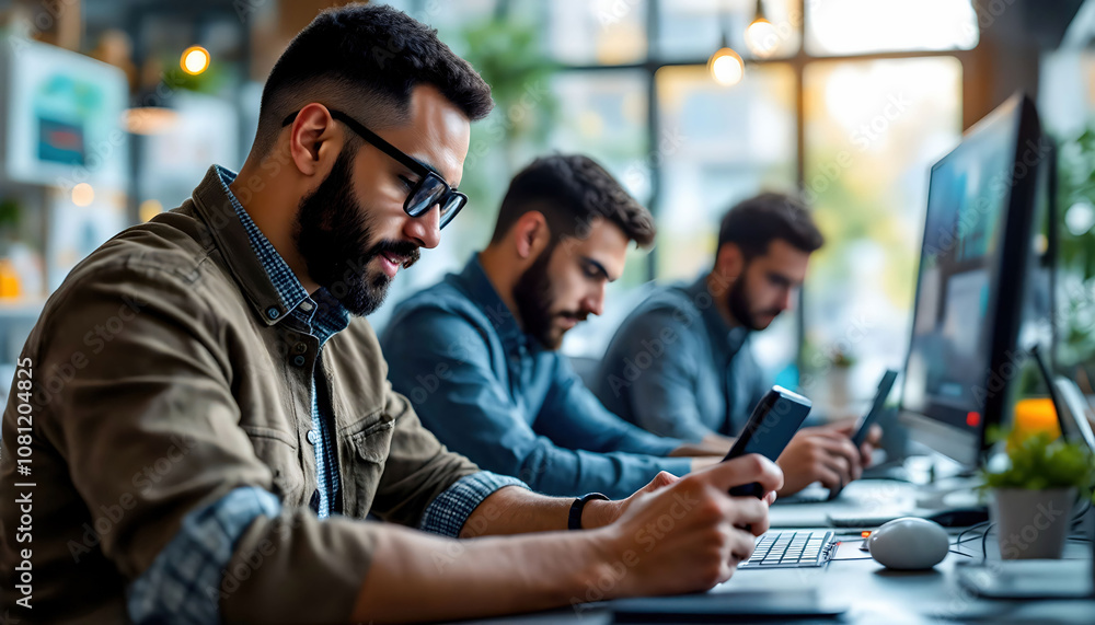 A vibrant image of workers using advanced technology and gadgets in a high-tech office setting, highlighting innovation and productivity A vibrant image of workers using advanced technology and gadgets in a high-tech office setting, highlighting innovation and productivity