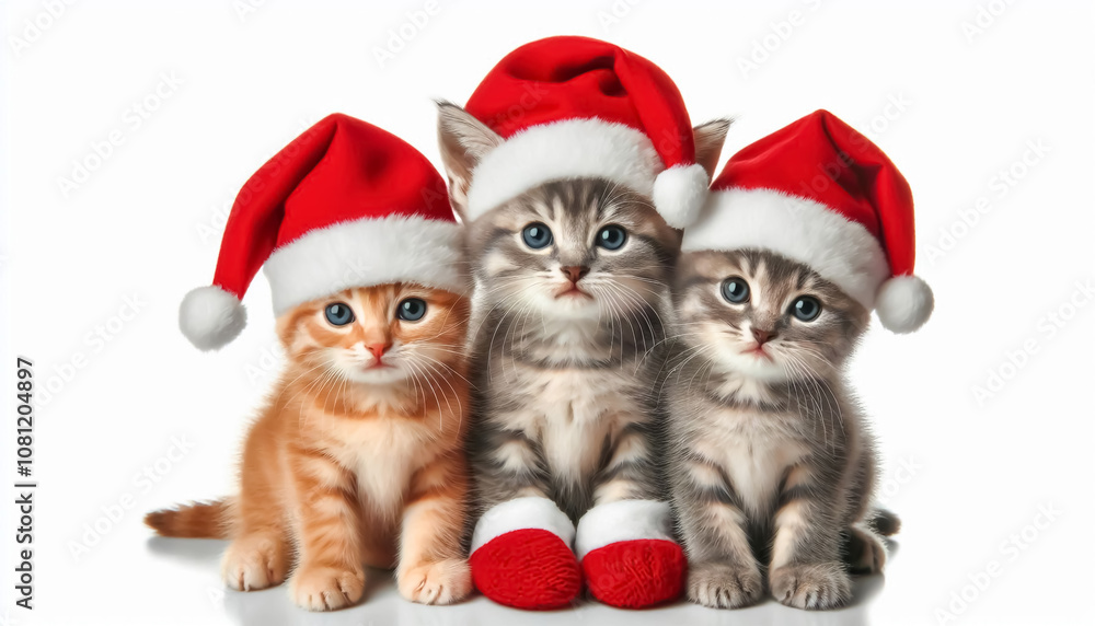 Group of cute cats in Santa Claus hat on white background Group of cute cats in Santa Claus hat on white background