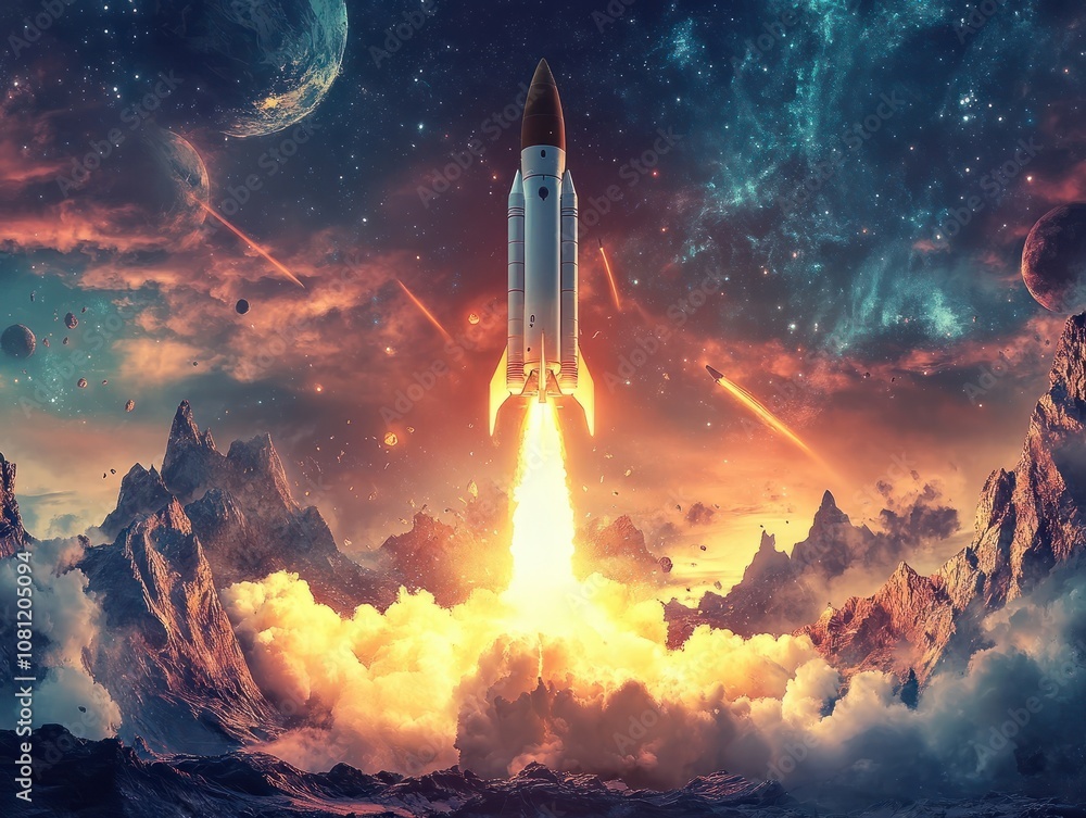 Fototapeta premium Launching Space Rocket From Laptop Screen. Generative AI