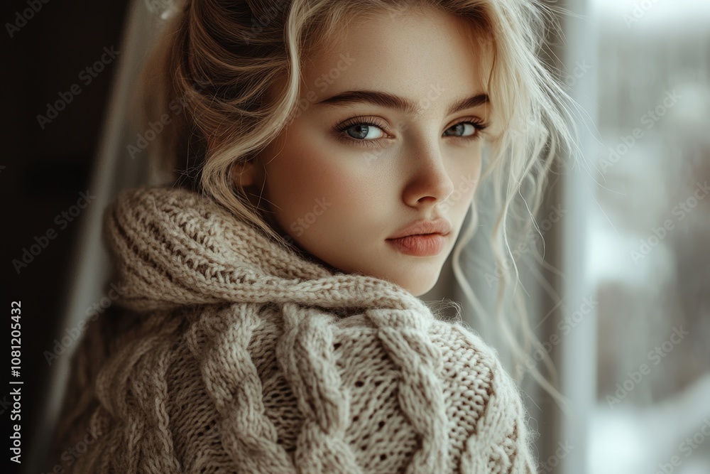 A lightweight shawl wrapped around a model's shoulders, standing in a modern interior with soft studio lighting, mockup for design A lightweight shawl wrapped around a model's shoulders, standing in a modern interior with soft studio lighting, mockup for design