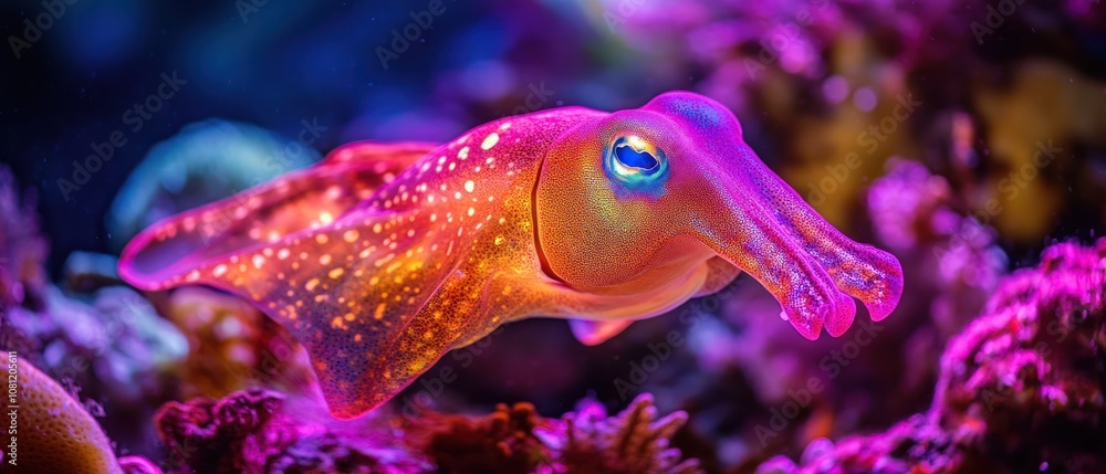 A red cuttlefish swimming in the ocean. A red cuttlefish swimming in the ocean.