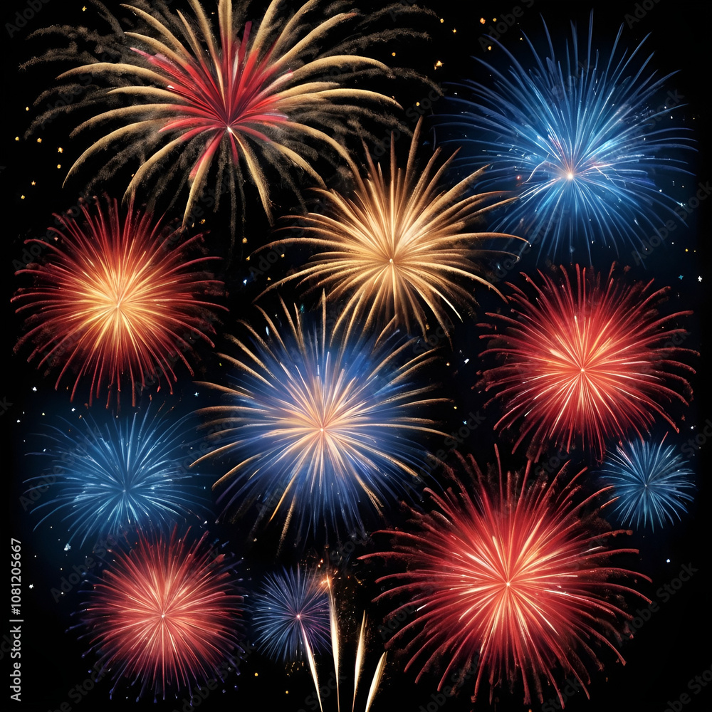 Naklejka premium Colorful New Year's fireworks, festive mood, vibrant explosions in the night sky, celebration