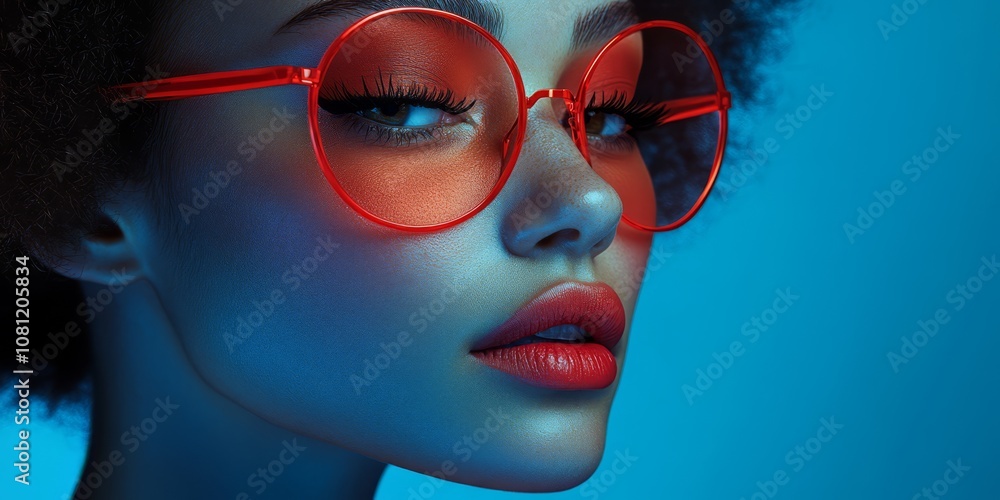 A captivating portrait of a woman with a bold, retro look. Her striking features are highlighted by vibrant red sunglasses and a cool blue backdrop. A captivating portrait of a woman with a bold, retro look. Her striking features are highlighted by vibrant red sunglasses and a cool blue backdrop.