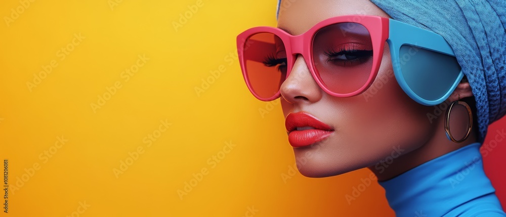 A fashion portrait of a woman in a vibrant blue headscarf and oversized sunglasses, exuding confidence and style against a bold yellow background. A fashion portrait of a woman in a vibrant blue headscarf and oversized sunglasses, exuding confidence and style against a bold yellow background.