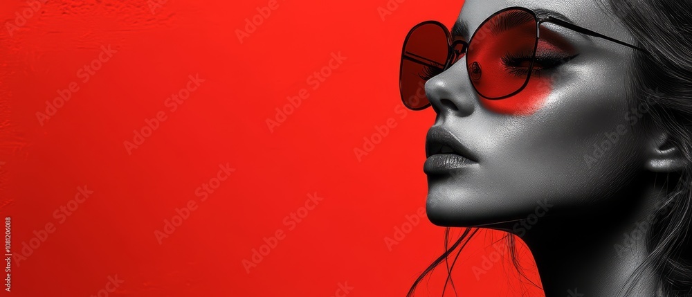 Monochrome portrait of a fashion model, wearing trendy red sunglasses against a vibrant red background. Captures a bold, confident, and stylish aesthetic. Monochrome portrait of a fashion model, wearing trendy red sunglasses against a vibrant red background. Captures a bold, confident, and stylish aesthetic.