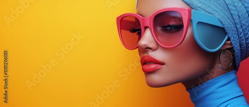 A fashion portrait of a woman in a vibrant blue headscarf and oversized sunglasses, exuding confidence and style against a bold yellow background.