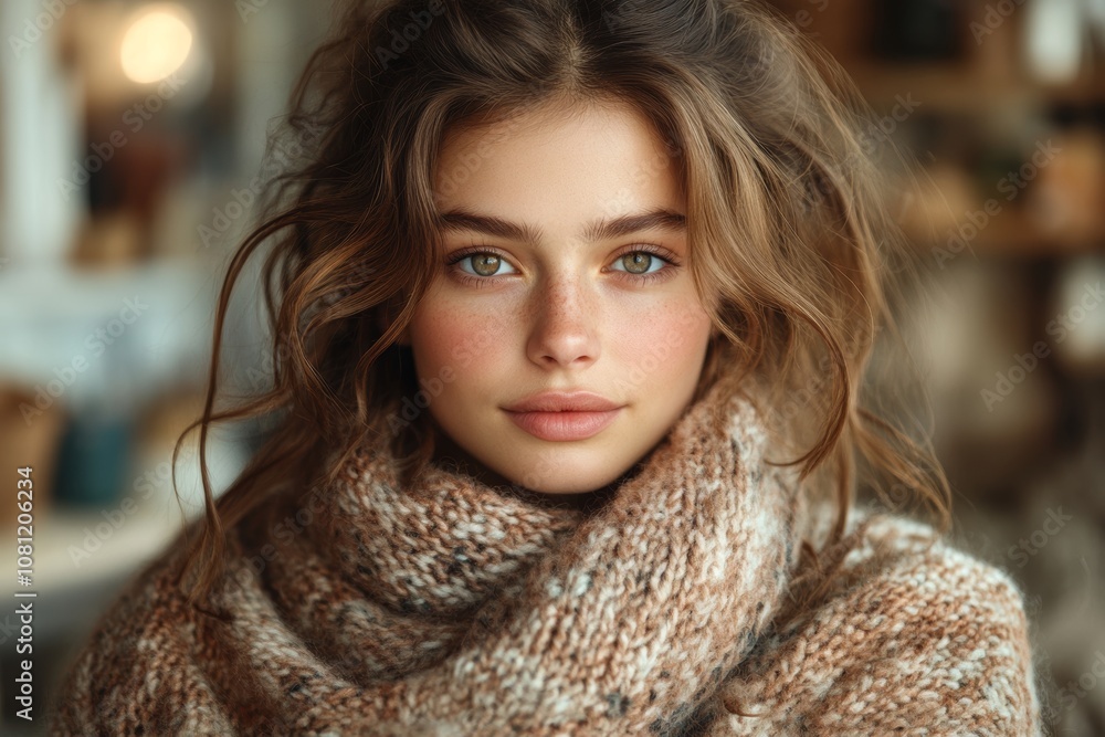 A lightweight shawl wrapped around a model's shoulders, standing in a modern interior with soft studio lighting, mockup for design A lightweight shawl wrapped around a model's shoulders, standing in a modern interior with soft studio lighting, mockup for design