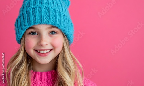 Pretty blonde girl in blue winter hat smiling at camera over pink background, copy space