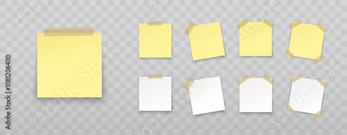 Post note paper stickers isolated on transparent background. Vector yellow and white office memo set pin on translucent sticky tape with shadows