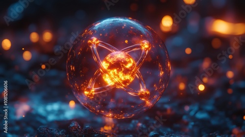 Atomic Heart: A mesmerizing digital art piece depicting a fiery atom encased within a translucent sphere, set against a backdrop of glowing embers. The image evokes a sense of power, mystery.