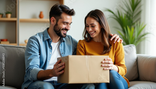 Couple Excitedly Opening a Gift at Home