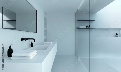 Modern minimalist bathroom with a white floating vanity, rectangular sink, large mirror, black faucet, shelves with toiletries, folded towels, and a walk-in shower