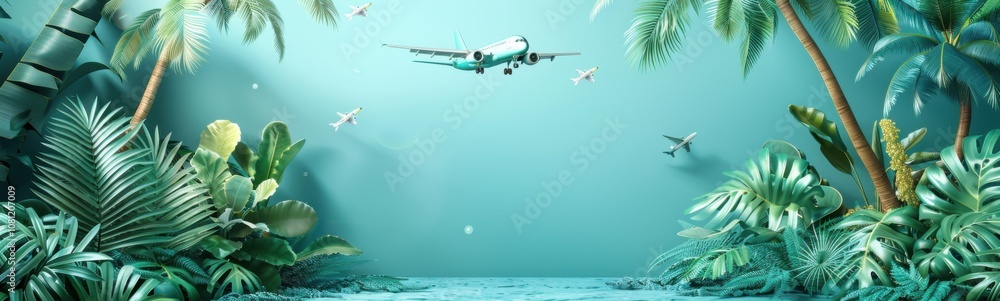 Naklejka premium Plane flying over a tropical area with palm trees, travel concept, banner, copy space