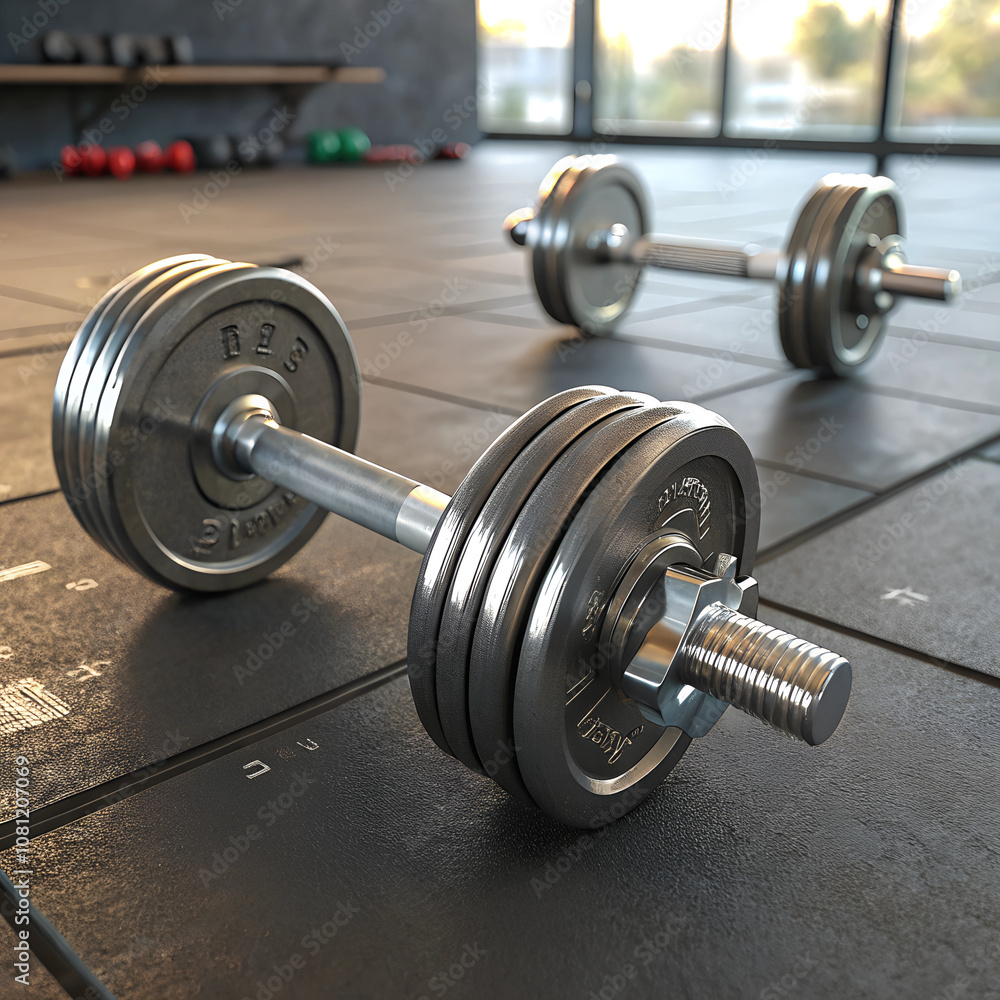 Naklejka premium Heavy dumbbells on gym floor for strength training and fitness workouts