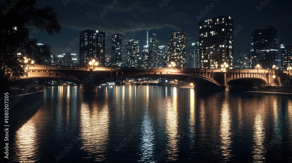 Night cityscape with bridge and city lights reflecting on calm water Night cityscape with bridge and city lights reflecting on calm water