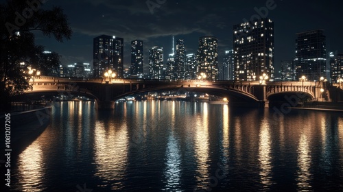 Night cityscape with bridge and city lights reflecting on calm water