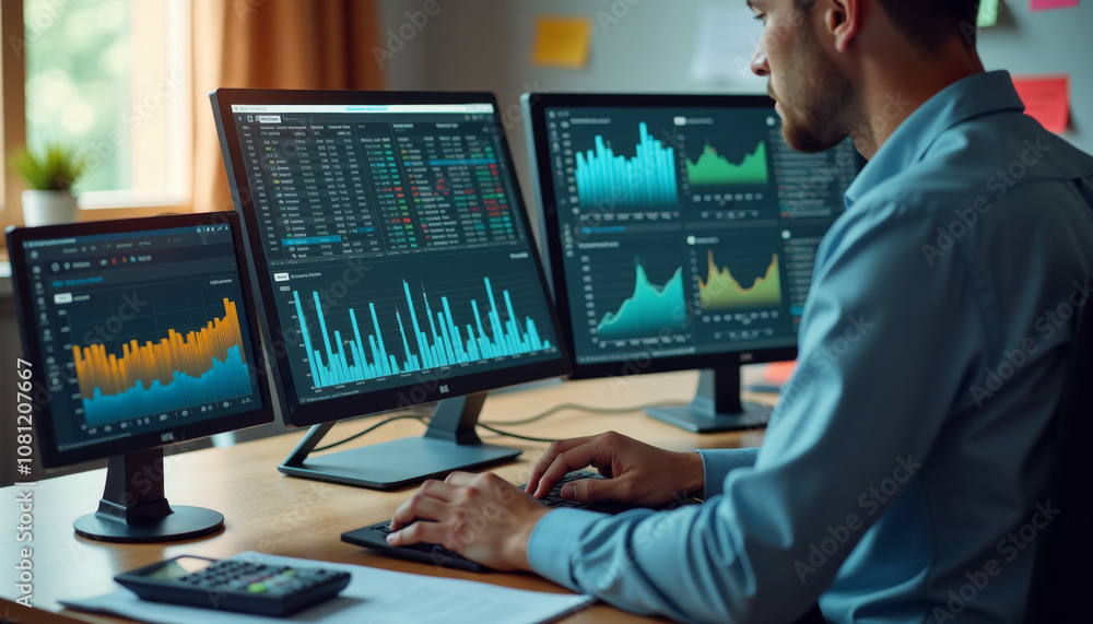 Businessman Analyzing Financial Data on Multiple Screens Businessman Analyzing Financial Data on Multiple Screens