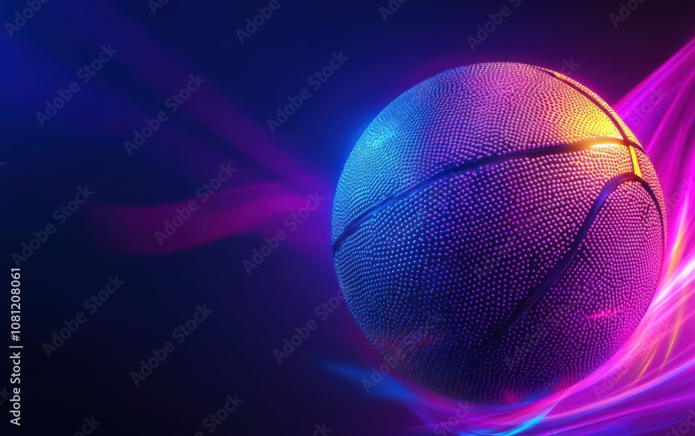 A basketball against a dark background, with purple and blue light A basketball against a dark background, with purple and blue light